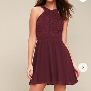 Lulus • Lover's Game Burgundy Lace Skater Dress Purple • Size S